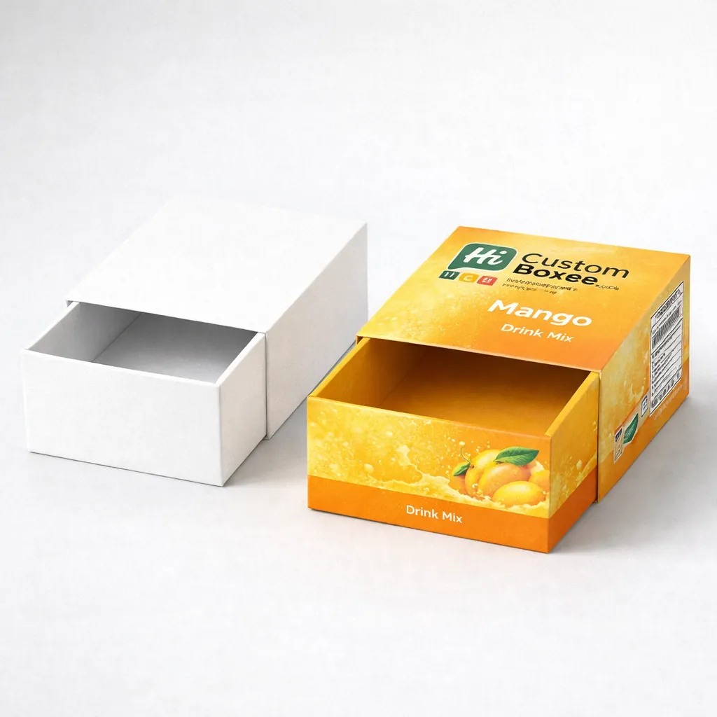 Premium slider drawer boxes with vibrant mango illustrations and custom branding for luxury flavored powder packaging class=